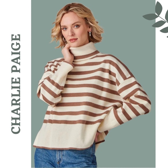 Charlie Paige Sweaters - Charlie Paige Mikyla Stripe Cowl / Turtle Neck Pullover Cream Brown Size Small